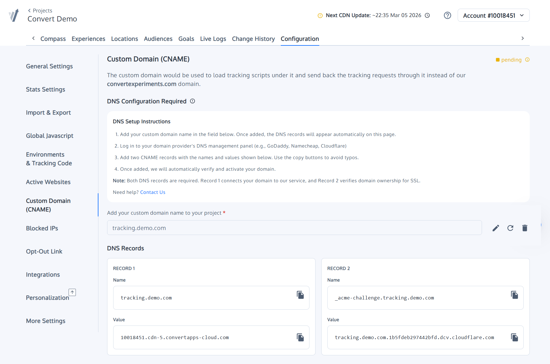 Custom Domains (CNAME) for the Convert Tracking Script