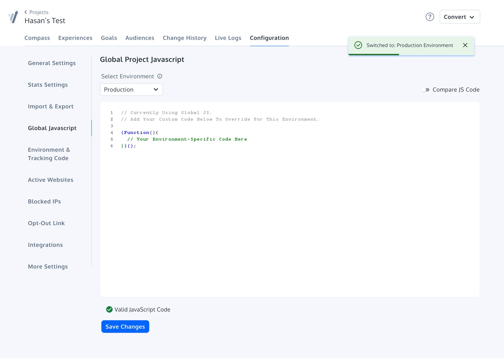 How to Use Environment-Specific Global JavaScript in Convert