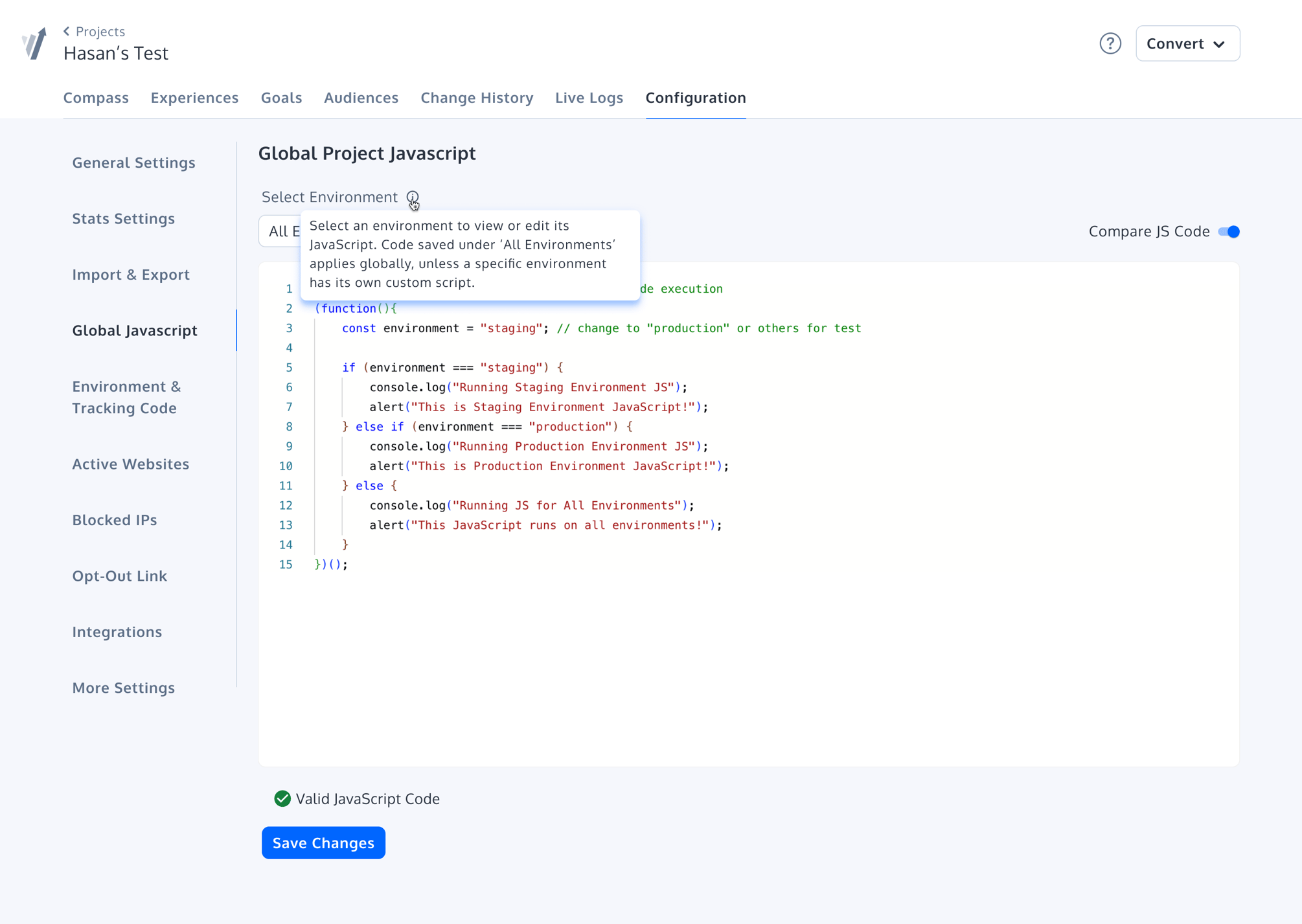How to Use Environment-Specific Global JavaScript in Convert